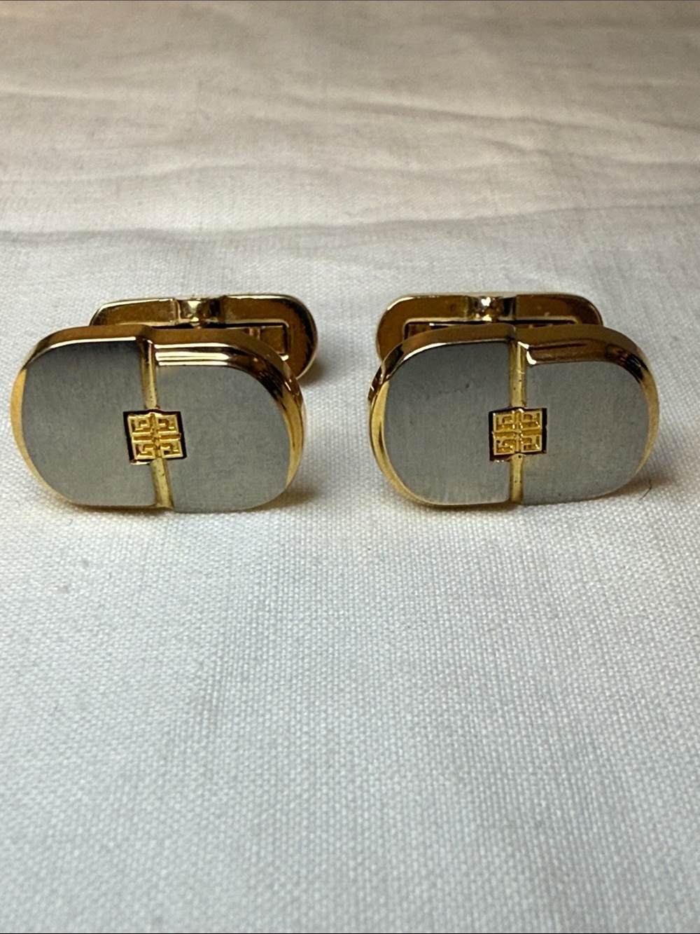 Givenchy Gold Tone & Gray Oval Logo Cufflinks 0.75" Vintage